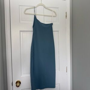 Babaton Teal One-Shoulder Slip Dress